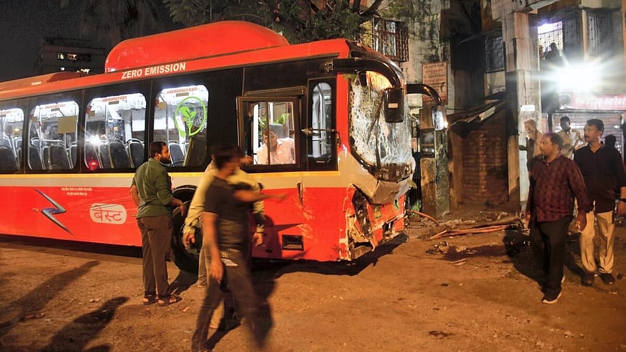 <div class="paragraphs"><p>The damaged Brihanmumbai Electric Supply and Transport (BEST) undertaking's bus after it rammed into pedestrians as well as vehicles on a road at Kurla, in Mumbai, Monday, Dec. 9, 2024. At least three people were killed and more than 20 others suffered injuries, according to officials. </p></div>