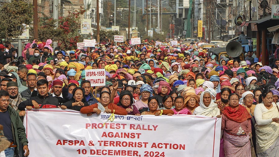 <div class="paragraphs"><p>People take part in a protest march against the recent violence in Manipur and reimposition of AFSPA in parts of the state, in Imphal, Tuesday, Dec. 10, 2024.</p></div>