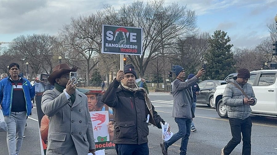 <div class="paragraphs"><p>Indian Americans protest against the alleged atrocities over Hindu minorities in Bangladesh, at White House, in Washington DC.</p></div>