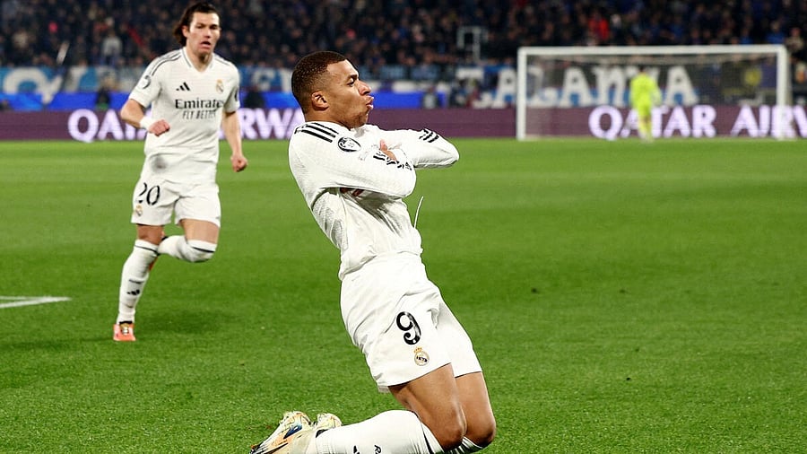 <div class="paragraphs"><p>Real Madrid's Kylian Mbappe celebrates scoring their first goal</p></div>