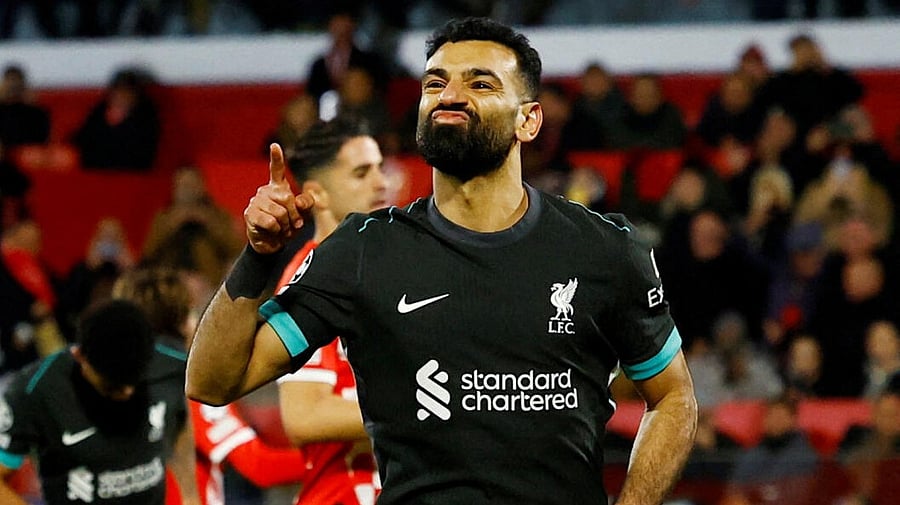 <div class="paragraphs"><p>Liverpool's Mohamed Salah celebrates scoring their first goal</p></div>