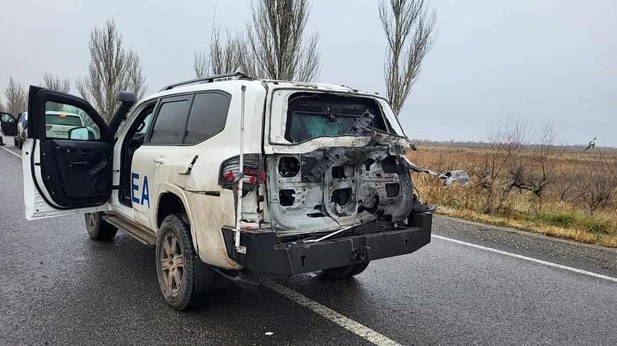 <div class="paragraphs"><p>Official vehicle of the IAEA damaged by a drone strike is seen on a road in Zaporizhzhia region</p></div>