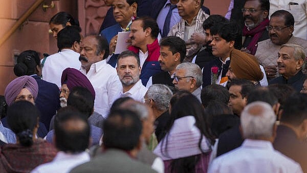 <div class="paragraphs"><p>Leader of Opposition in the Lok Sabha Rahul Gandhi with other MPs at a protest over Adani row</p></div>