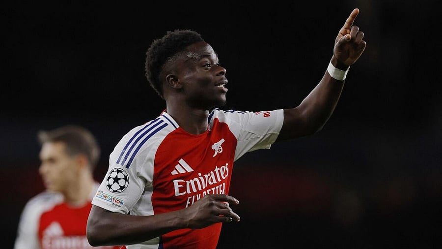 <div class="paragraphs"><p>Arsenal's Bukayo Saka celebrates scoring their second goal.</p></div>