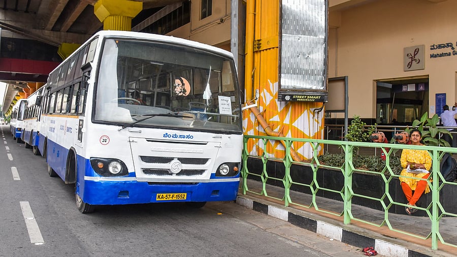 <div class="paragraphs"><p>A BMTC bus near the MG Road metro station. </p></div>