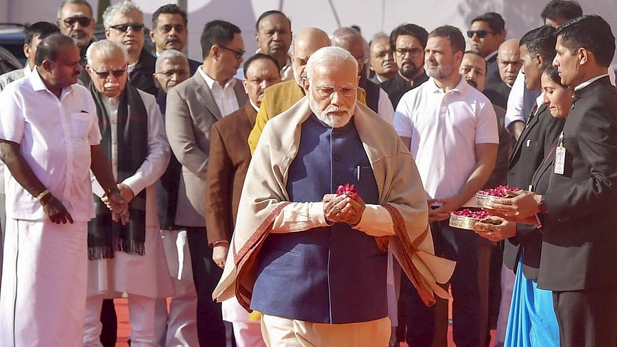 <div class="paragraphs"><p> Prime Minister Narendra Modi arrives to pay tribute to the martyrs of the 2001 Parliament attack to mark its 23rd anniversary, at the Parliament in New Delhi, Friday, Dec. 13, 2024.</p></div>