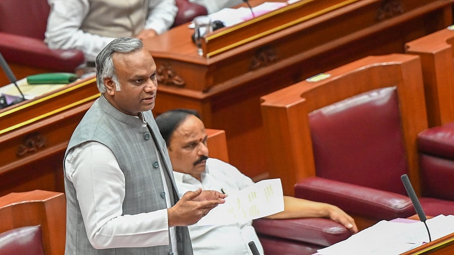 Rural Development Minister Priyank Kharge speaks during the session in the Legislative Council at Suvarna Vidhana Soudha in Belagavi on Friday. DH Photo/M S Manjunath