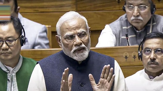 <div class="paragraphs"><p>Prime Minister Narendra Modi speaks in the Lok Sabha during the discussion on the 'glorious journey of 75 years of the India Constitution', in the ongoing Winter session of Parliament, in New Delhi.&nbsp;</p></div>