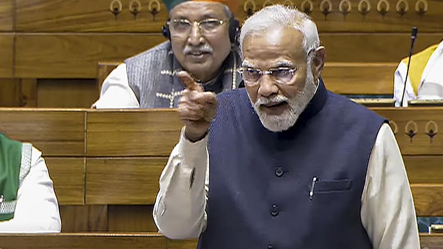 <div class="paragraphs"><p>Prime Minister Narendra Modi speaks in the Lok Sabha during the discussion on the 'glorious journey of 75 years of the India Constitution', in the ongoing Winter session of Parliament, in New Delhi, Saturday, Dec. 14, 2024.</p></div>
