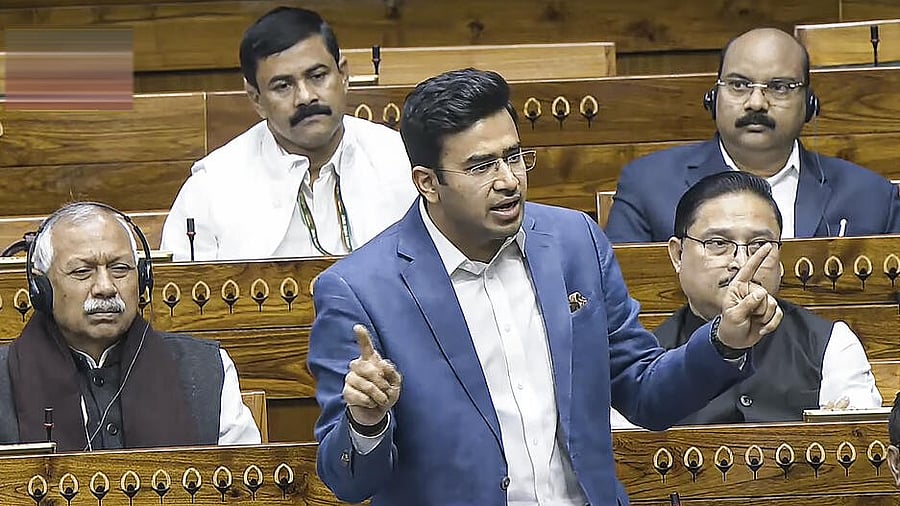 <div class="paragraphs"><p>BJP MP Tejasvi Surya speaks in the Lok Sabha during the Winter session of Parliament, in New Delhi, Saturday, Dec. 14, 2024.</p></div>