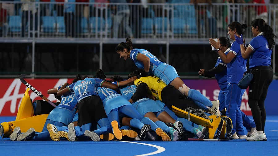 <div class="paragraphs"><p>The Indian team celebrate after winning the&nbsp;Women's Junior Asia Cup hockey title in Muscat.</p></div>
