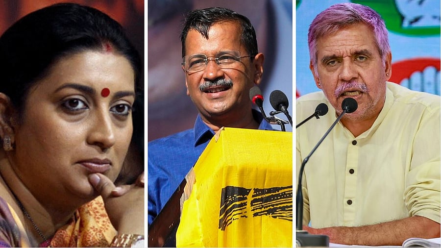 <div class="paragraphs"><p>From left, BJP leader Smriti Irani, AAP chief Arvind Kejriwal, and Congress leader Sandeep Dikshit</p></div>