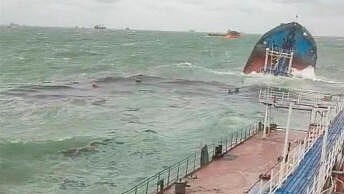 <div class="paragraphs"><p>A view from the Volgoneft 239 oil tanker shows the sinking part of the vessel, whose damage caused an oil spill, in the Kerch Strait, Crimea, December 15, 2024, in this screen grab obtained from social media video.</p></div>