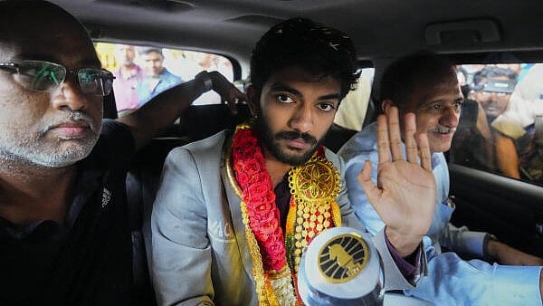 <div class="paragraphs"><p>World's youngest Chess Champion Gukesh Dommaraju upon his arrival at the airport, in Chennai, Monday, Dec 16, 2024. Gukesh was accorded a warm welcome by his fans and supporters.</p></div>
