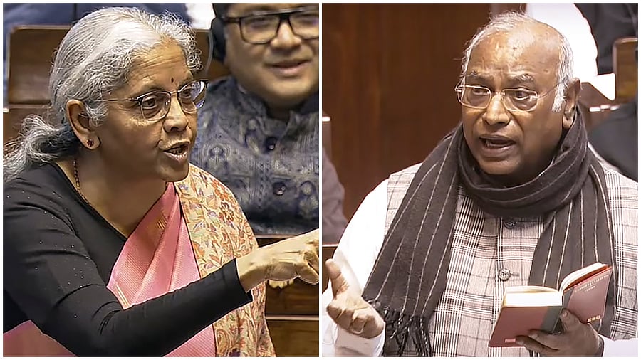 <div class="paragraphs"><p>Union Finance Minister Nirmala Sitharaman speaks in the Rajya Sabha ;LoP Mallikarjun Kharge speaks in the House on Monday</p></div>