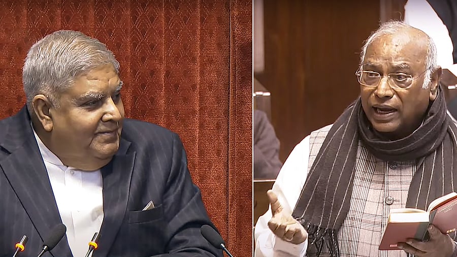 <div class="paragraphs"><p>Rajya Sabha Chairman Jagdeep Dhankhar conducts proceedings as LoP Mallikarjun Kharge speaks in the House during the Winter session of Parliament, in New Delhi, on Monday.</p></div>