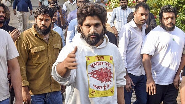 <div class="paragraphs"><p>Telugu film actor Allu Arjun arrives to speak with the media at his residence</p></div>