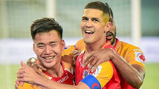<div class="paragraphs"><p>East Bengal players celebrate after scoring a goal against&nbsp;Punjab FC in their ISL match on Tuesday.</p></div>