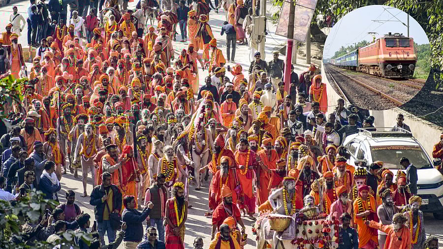 <div class="paragraphs"><p>Naga sadhus of Juna Akhara take part in procession during the first 'royal entry' for the Maha Kumbh Mela 2025 festival, in Prayagraj, Saturday, Dec. 14, 2024. (Inset: An Indian Railways train)</p></div>