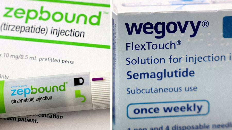 <div class="paragraphs"><p>A combination image shows an injection pen of Zepbound, Eli Lilly's weight loss drug, and boxes of Wegovy, made by Novo Nordisk. </p></div>