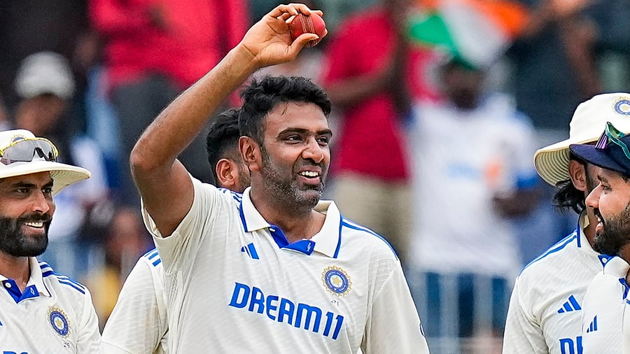 <div class="paragraphs"><p> In this Sunday, Sept. 22, 2024 file image, India's Ravichandran Ashwin shows the ball as he celebrates with teammates after taking 5 wickets on the fourth day of the first Test cricket match between India and Bangladesh at M. A. Chidambaram Stadium, in Chennai. </p></div>