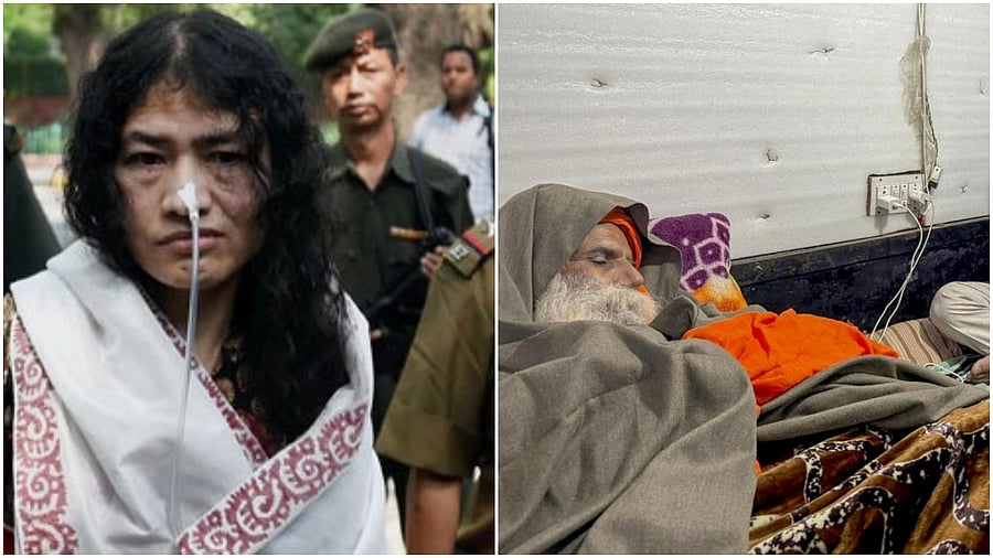 <div class="paragraphs"><p>File photo of Irom Sharmila(L) Farmer leader Jagjit Singh Dallewal during his fast. </p></div>
