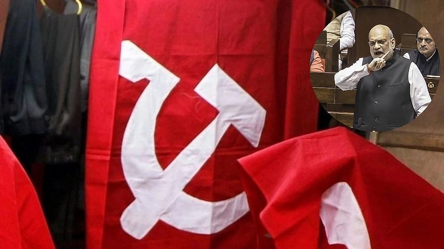 <div class="paragraphs"><p>CPI(M) flag and Amit Shah.</p></div>
