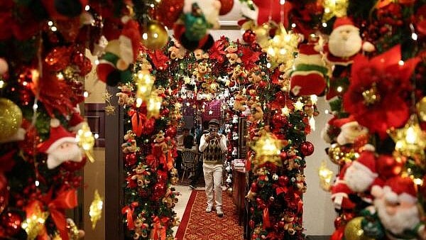 <div class="paragraphs"><p>A man stands among the Christmas decorations.</p></div>
