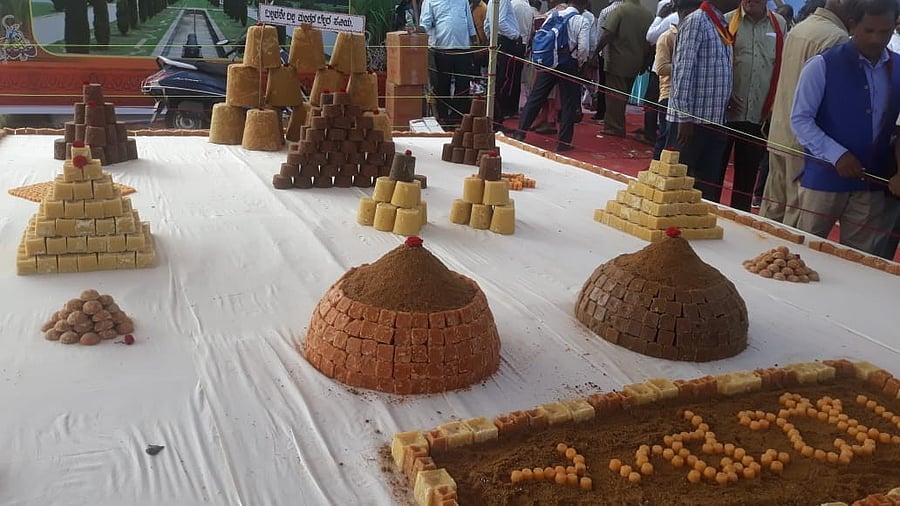 <div class="paragraphs"><p>Variety of jaggery on display at a stall in the expo, organised as part of Akhila Bharata Kannada Sahitya Sammelana, in Mandya. </p></div>