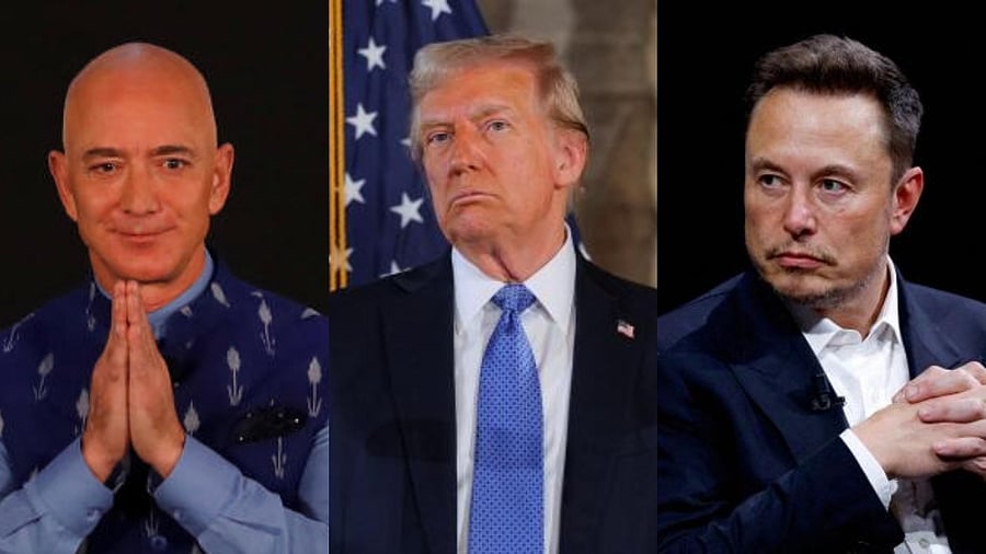 <div class="paragraphs"><p>Founder of Amazon Jeff Bezos (L), US president-elect Donald Trump (Centre) and Tesla CEO Elon Musk (R).</p></div>