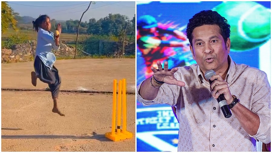 <div class="paragraphs"><p>Screengrab of the young girl, Sushila Meena, delivering a ball with an extraordinarily fluid left-arm pace bowling action; Cricket legend Sachin Tendulkar</p></div>