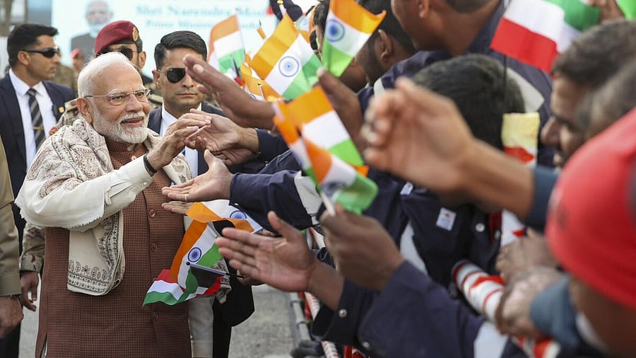 <div class="paragraphs"><p>Prime Minister Narendra Modi during his visit to Gulf Spic Labour Camp, at Mina Abdullah area of Kuwait.&nbsp;</p></div>