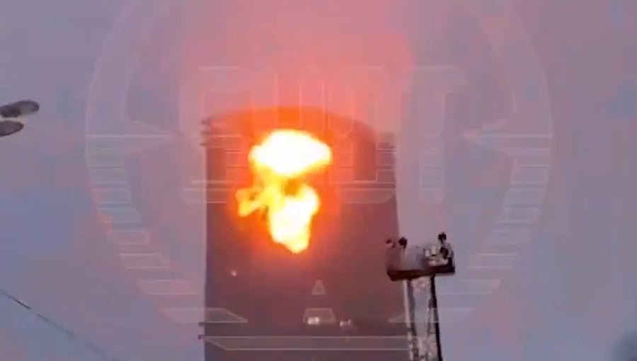<div class="paragraphs"><p>Screengrab from a video showing a Ukrainian drone flying into a building in Russia's Khazan.</p></div>