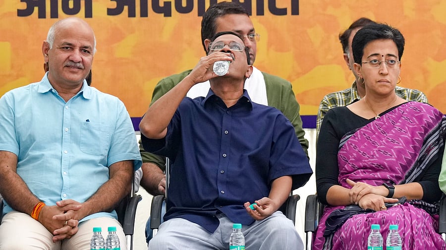 <div class="paragraphs"><p>Delhi Chief Minister Atishi with AAP National Convenor Arvind Kejriwal and party leader Manish Sisodia</p></div>
