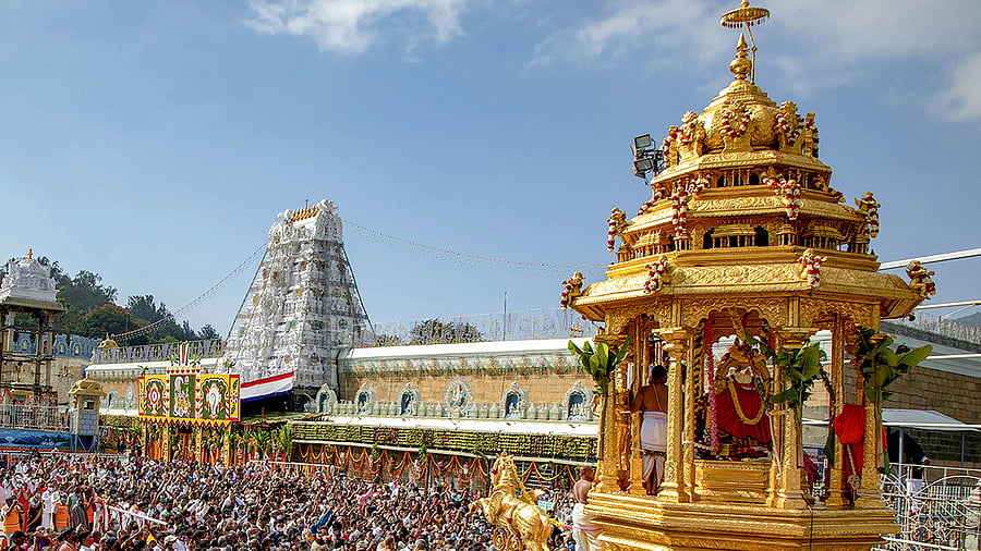 <div class="paragraphs"><p>Devotees take part in the sacred golden chariot procession of Lord Venkateswara, being taken out on the auspicious occasion of Vaikunta Ekadasi, at Tirumala in Tirupati, Friday, Dec. 25, 2020. Image for representational purposes.</p></div>