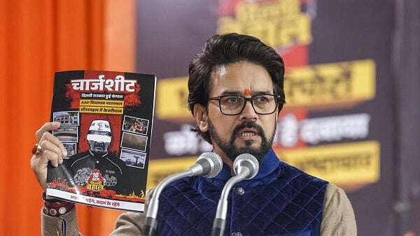 <div class="paragraphs"><p>BJP MP Anurag Thakur addresses the gathering during the release of a chargesheet against Aam Aadmi Party (AAP) National Convener Arvind Kejriwal, in New Delhi.&nbsp;</p></div>
