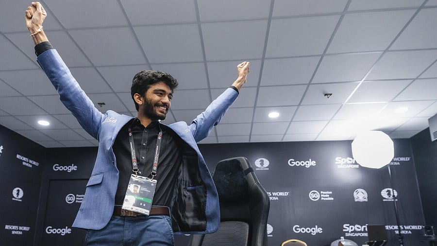 <div class="paragraphs"><p>D Gukesh celebrates after clinching FIDE World Chess Championship in Singapore.</p></div>