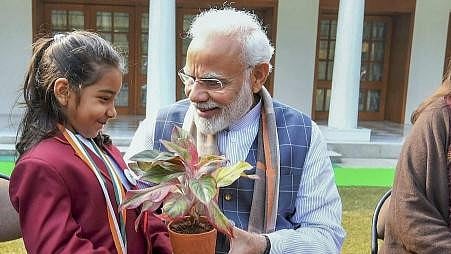 <div class="paragraphs"><p>Prime Minister Narendra Modi felicitates a brave girl during his interaction with the winners of Rashtriya Bal Puraskar.&nbsp;</p></div>