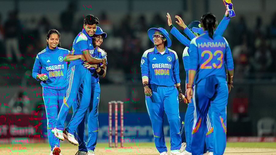 <div class="paragraphs"><p>Indian women's cricket team bowler Priya Mishra celebrates with teammates after taking a wicket against West Indies in the second ODI in Vadodara.</p></div>