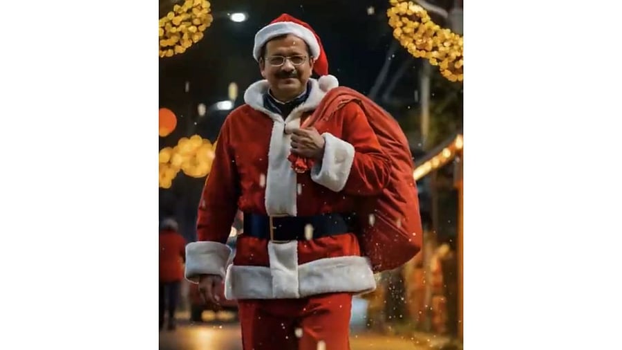 <div class="paragraphs"><p>A screengrab from the video showing Arvind Kejriwal as Santa.</p></div>
