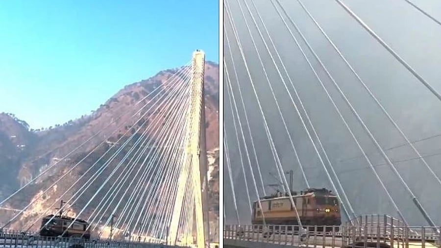 <div class="paragraphs"><p>Screengrabs from clip posted by Union Railway Minister Ashwini Vaishnaw of&nbsp;India's first cable-stayed rail bridge, the Anji Khad Bridge, in&nbsp;Jammu and Kashmir</p></div>