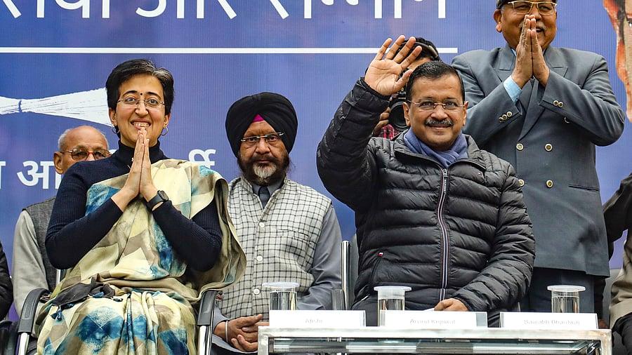 <div class="paragraphs"><p>New Delhi: Delhi Chief Minister Atishi and AAP National Convener Arvind Kejriwal during an event where the latter announced that 'Sanjivni Yojna' would be launched for free treatment of people aged above 60 years after his party returns to power in Delhi, in New Delhi, Wednesday, Dec. 18, 2024. </p></div>