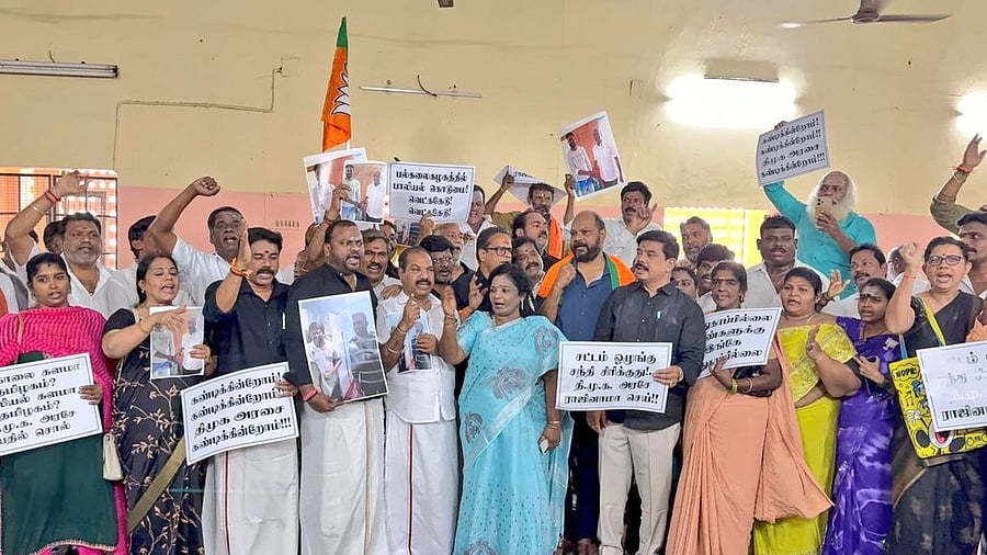 <div class="paragraphs"><p>BJP's Tamilisai Soundararajan and other state party leaders during an agitation over sexual assault of a woman at the Anna University campus in Tamil Nadu.&nbsp;</p></div>