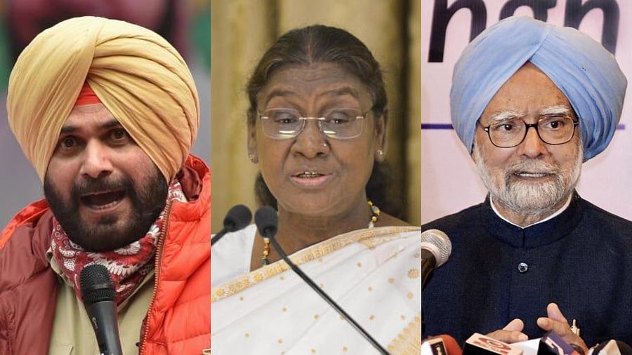 <div class="paragraphs"><p>Congress leader Navjot Singh Sidhu (L), President Droupadi Murmu (centre) and former PM Manmohan Singh (R).</p></div>