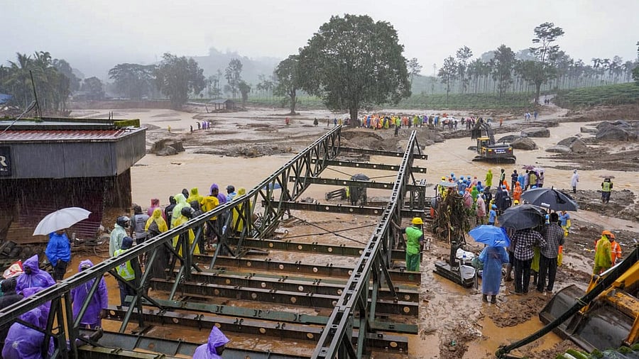 <div class="paragraphs"><p>A bailey bridge being constructed after landslides triggered by heavy rain at Chooralmala, in Wayanad district.</p></div>