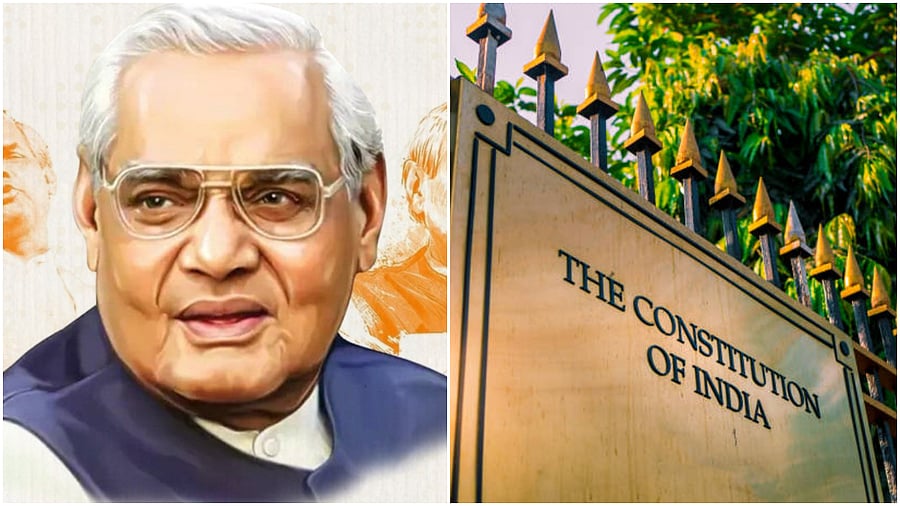 <div class="paragraphs"><p>Atal Bihari Vajpayee (Left); A golden-coloured gate with the word 'The constitution of India' written (Right).</p></div>