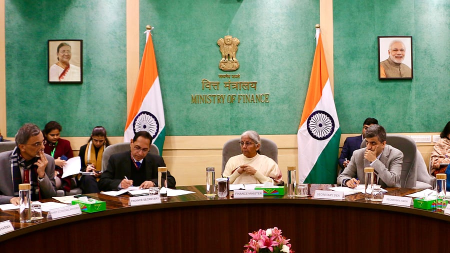 FM Nirmala Sitharaman and senior Finance Ministry officials during pre-budget consultations on Monday