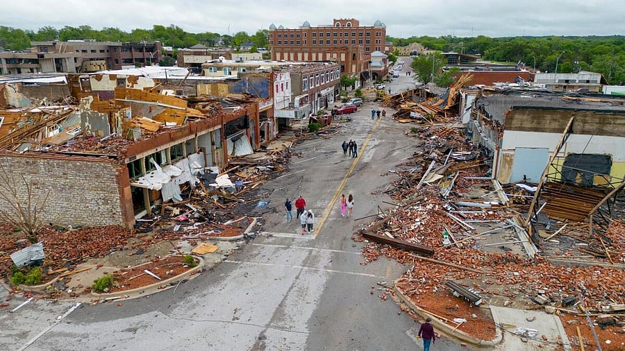 <div class="paragraphs"><p>Damaged buildings are seen in an aerial photograph after the town was hit by a tornado the night before in Sulphur, Oklahoma, U.S. April 28, 2024.</p></div>