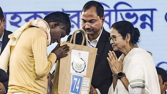 <div class="paragraphs"><p>West Bengal Chief Minister Mamata Banerjee during a public distribution programme, at Sandeshkhali in North 24 Parganas district, Monday.</p></div>