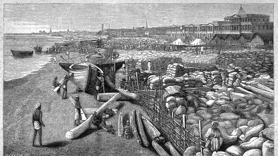 <div class="paragraphs"><p>Grain awaiting export from Madras Province during the famine; (top) a scene from Bellary at the time. </p></div>